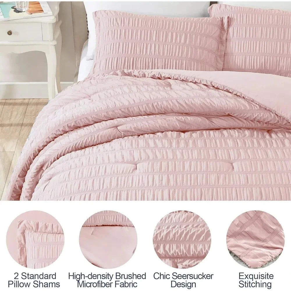 Pink Seersucker Comforter Set King Size (104X90 In), 3 Pieces Crinkle